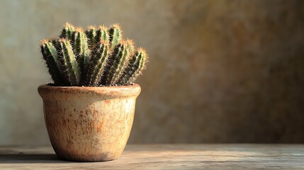 Wall Mural - Desert Charm: Cholla Cactus Elegance in Ceramic Pot on Rustic Table with Earthy Tones Illuminated by Overhead Light