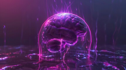 Poster - A glowing purple brain sits in a glass dome with purple light streaks.