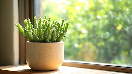 Wall Mural - Serene Cactus in Ceramic Planter on Windowsill in Cozy Home Interior with Natural Light