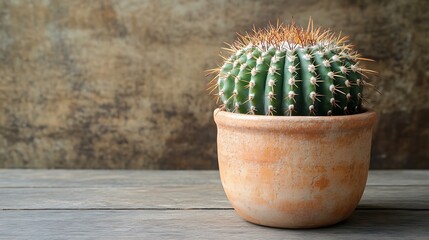 Wall Mural - Desert Charm - Cactus in Ceramic Pot on Rustic Wooden Table with Overhead Lighting, Earthy Tones Background