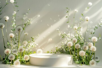 Wall Mural - Product podium with dandelions flower nature plant.