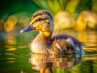 Wall Mural - Adorable Cayuga duckling swims alone in shallow water, its iridescent green head and soft brown feathers glistening in