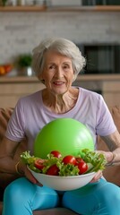 Elderly woman in green top and blue leggings with vegetables bowl, sitting on couch with exercise ball. Kitchen setting emphasizes health and activity.