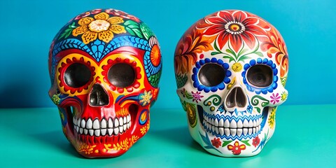 Human skulls front side view with colored ornaments and without. Hand drawn watercolor illustration for Halloween, day of the dead, Día de los muertos. Generated  AI