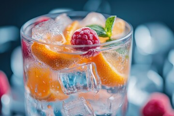 Refreshing summer drink with orange, raspberry and ice cubes is sparkling in a glass