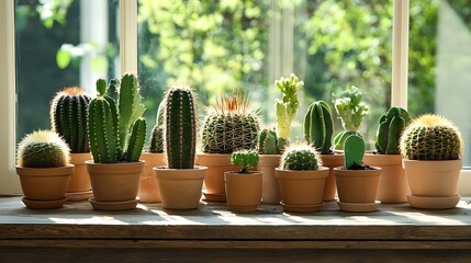 Wall Mural - Diverse Cactus Collection Adorning Wooden Table in Cozy Indoor Setting with Natural Light