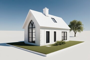 Unique White Cottage Design Set Against a Crisp Clear Background