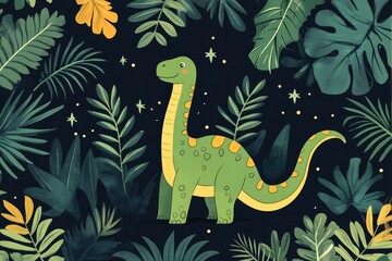 Cute green brachiosaurus dinosaur standing in tropical forest at night