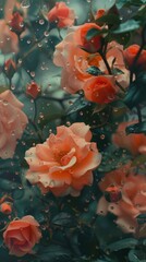 Canvas Print - Rain scene with roses painting flower petal.