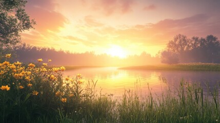 A tranquil sunrise casts warm light over a calm river, with vibrant yellow flowers blooming in the foreground.