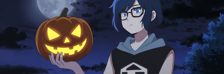 Wall Mural - Anime girl holding a jack o lantern under a full moon on Halloween night