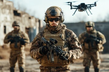 Military personnel in tactical gear operating drones, conducting reconnaissance and strategic operations amidst the ruins of an urban landscape, highlighting modern warfare methods.