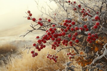 Wall Mural - Frozen red berries on frost covered rowen tree in Montana.