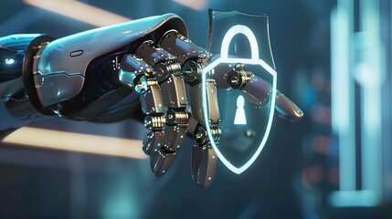 Poster - A robotic hand with a glowing shield and a lock icon in front of it.