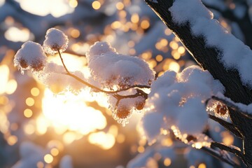 Wall Mural - Snow covered tree branch at sunset  Snow covered tree branch at sunset