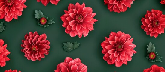 Red dahlia flower pattern on dark green background