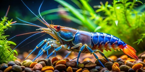 A large, succulent freshwater prawn, also known as a Macrobrachium, showcases its vibrant blue and orange shell in