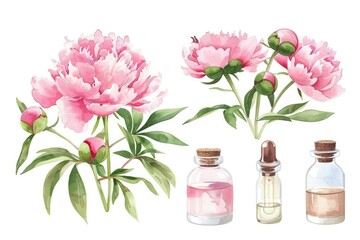 Wall Mural - Pink Peony Blooms and Aroma Oil. Watercolor Illustration for Wedding Bouquet and Spa Gift