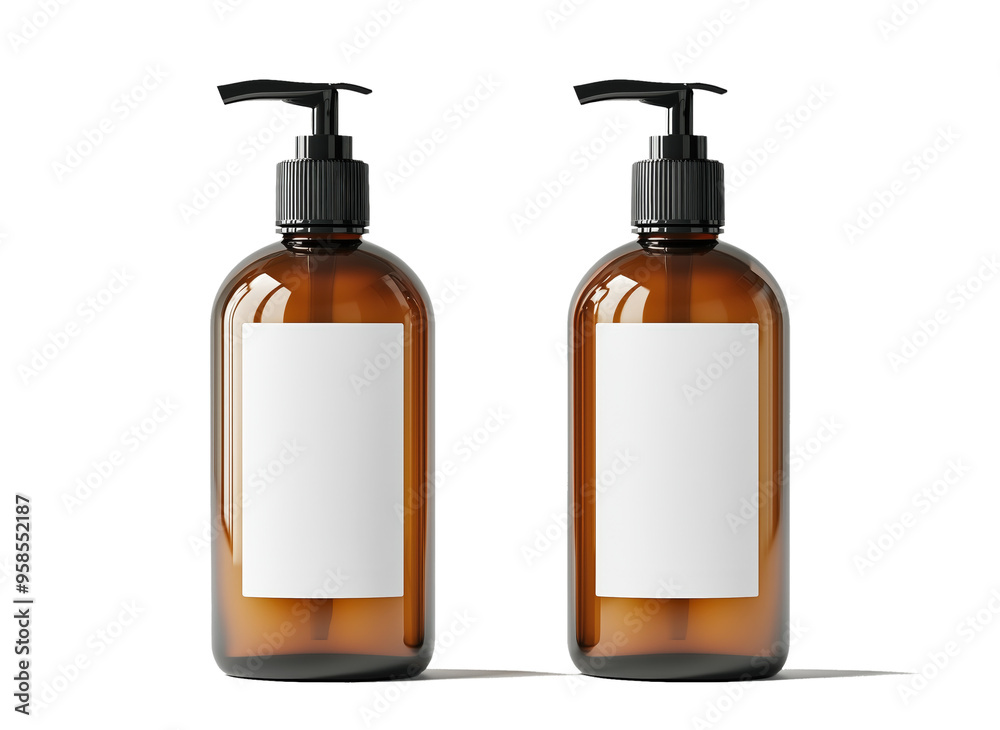Elegant amber bottles with dispensers ready for product labeling or ...