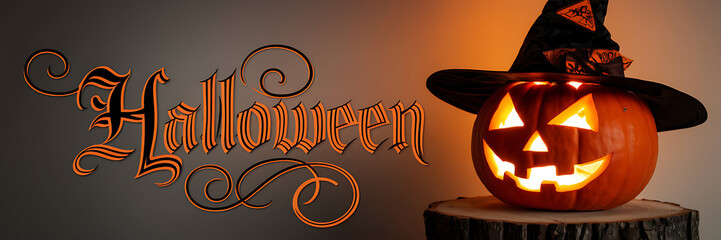 Wall Mural - Halloween Jack o' Lantern with Witch Hat and Glowing Eyes