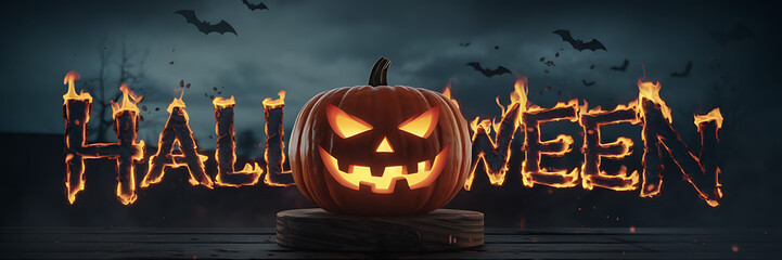 Wall Mural - Halloween Pumpkin With Fiery Text Graphic