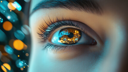 Close-up of a woman's blue eye with digital lines and glowing effects.