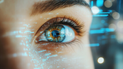 Close-up of a woman's blue eye with digital lines and glowing effects.