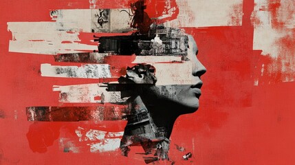 Canvas Print - Abstract Collage of a Face with a Red Background