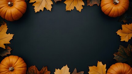 Wall Mural - A black background with a frame of orange and white pumpkins and red leaves. The image has a warm and festive mood, with the pumpkins