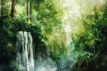 Wall Mural - Serene Forest Landscape. Watercolor Illustration of Lush Green Trees and Flowing Waterfall in Nature