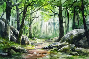 Wall Mural - Serene Forest Landscape: Watercolor Illustration of Nature's Beauty