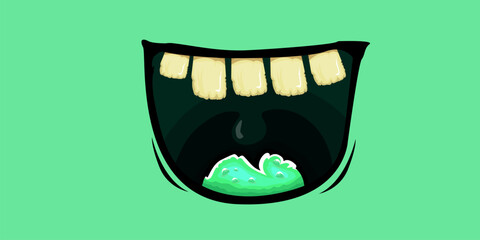 Wall Mural - Vector cartoon funny zombie monster mouth with rotten teeth isolated on green background. Vector happy Halloween kids t-shirt design template with funky monster mouth