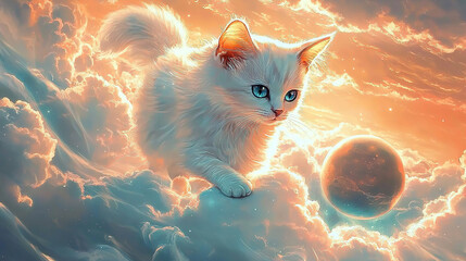 cat, clouds, sky, fluffy, feline, blue, white, dreamy, floating, serene, peaceful, whiskers, paws, tail, soft, gentle, high, above, horizon, sunlight, breeze, calm, tranquil, ethereal, majestic, soari