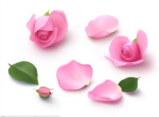 Wall Mural - The petals of a pink rose flower are isolated on a white background, along with a bud and an open blossom.