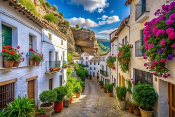 ancient whitewashed houses stacked upon limestone cliffs, narrow cobblestone streets, and vibrant fl