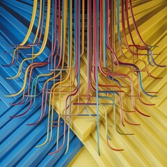 Wall Mural - Top view of curved multicolored lines on blue and yellow background