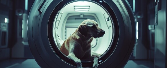 Wall Mural - A Golden Retriever Dog Looking Out from a Round Doorway in a Futuristic Spacecraft