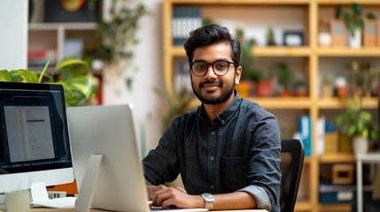 portrait of a male Indian graphic designer working in modern office, Indian tech worker in office 