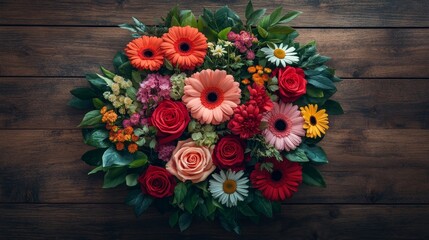 Aerial shot of a colorful floral arrangement with roses, lilies, daisies, circular pattern, wooden surface background, high contrast, pop art style, vibrant hues.