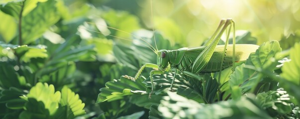 Playful grasshopper among summer foliage, 4K hyperrealistic photo