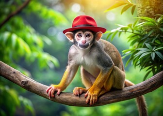 A playful monkey dons a vibrant red fedora, its fur a mesmerizing mix of brown and grey, as