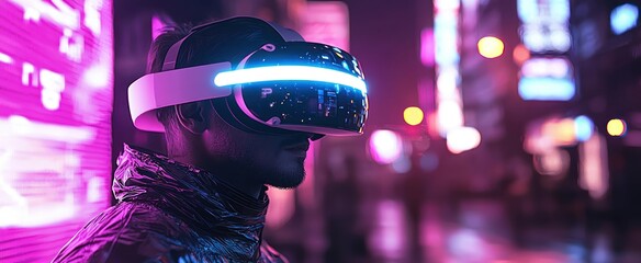 Wall Mural - Man in a Futuristic City Wearing a Virtual Reality Headset