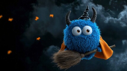 An adorable blue monster in a witch hat, flying on a broomstick against a dark, cloudy background. Perfect for Halloween themes.