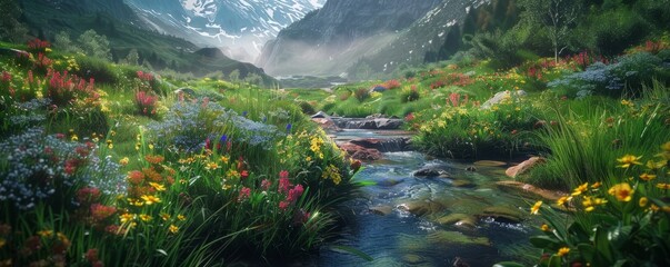 Wall Mural - Lush valley with a stream and colorful wildflowers, 4K hyperrealistic photo,