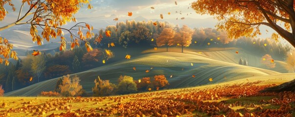 Sticker - Autumn landscape with rolling hills and golden leaves, 4K hyperrealistic photo,