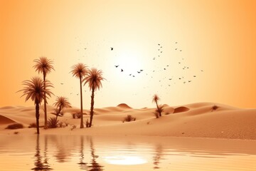 Poster - Oasis at sunset in a sandy desert landscape nature outdoors.