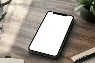 Smartphone with empty screen mockup, glasses, vase with green plants on beige wooden table background with natural floral sunlight shadows.