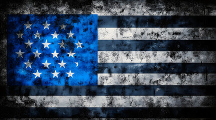 Wall Mural - Distressed, patriotic illustration blending grunge texture with a thin blue line flag, symbolizing law enforcement's solidarity and sacrifices, set against a dark, gritty background.