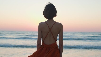 Wall Mural - slender girl in a flowing red dress stands on the beach and looks at the sea. rear view. girl in a dress. Lonely young woman standing on sandy beach by seaside warm enjoying tropical evening