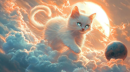 cat, clouds, sky, fluffy, feline, blue, white, dreamy, floating, serene, peaceful, whiskers, paws, tail, soft, gentle, high, above, horizon, sunlight, breeze, calm, tranquil, ethereal, majestic, soari